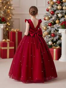 少女酒红色短袖手工串珠蝴蝶结圣诞派对优雅连衣裙，公主裙，适合女孩生日派对、舞会、毕业典礼、婚礼伴娘、节日庆典等场合。