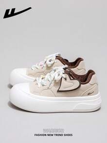 1 Pair WARRIOR Women's Thick Sole Lace-Up Soft Bottom Casual Shoes, Low-Top Outdoor Flat Shoes, Round Toe Low Heel Non-Slip Solid Color Elegant Soft Bottom Hiking Shoes, Suitable For Students, Graduation Photos, Flat Shoes, Low-Top Leather Face Sports Skateboard Shoes