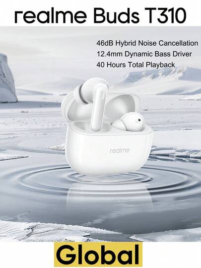 Realme Buds T310 Wireless Earphones, 96 Hour Playback, 46dB Active Noise Cancellation, 360° Spatial Audio, Touch Control, Sweat-Resistant, And 45ms Ultra-Low Latency For Sports And Gaming, With OTA Upgrade Support