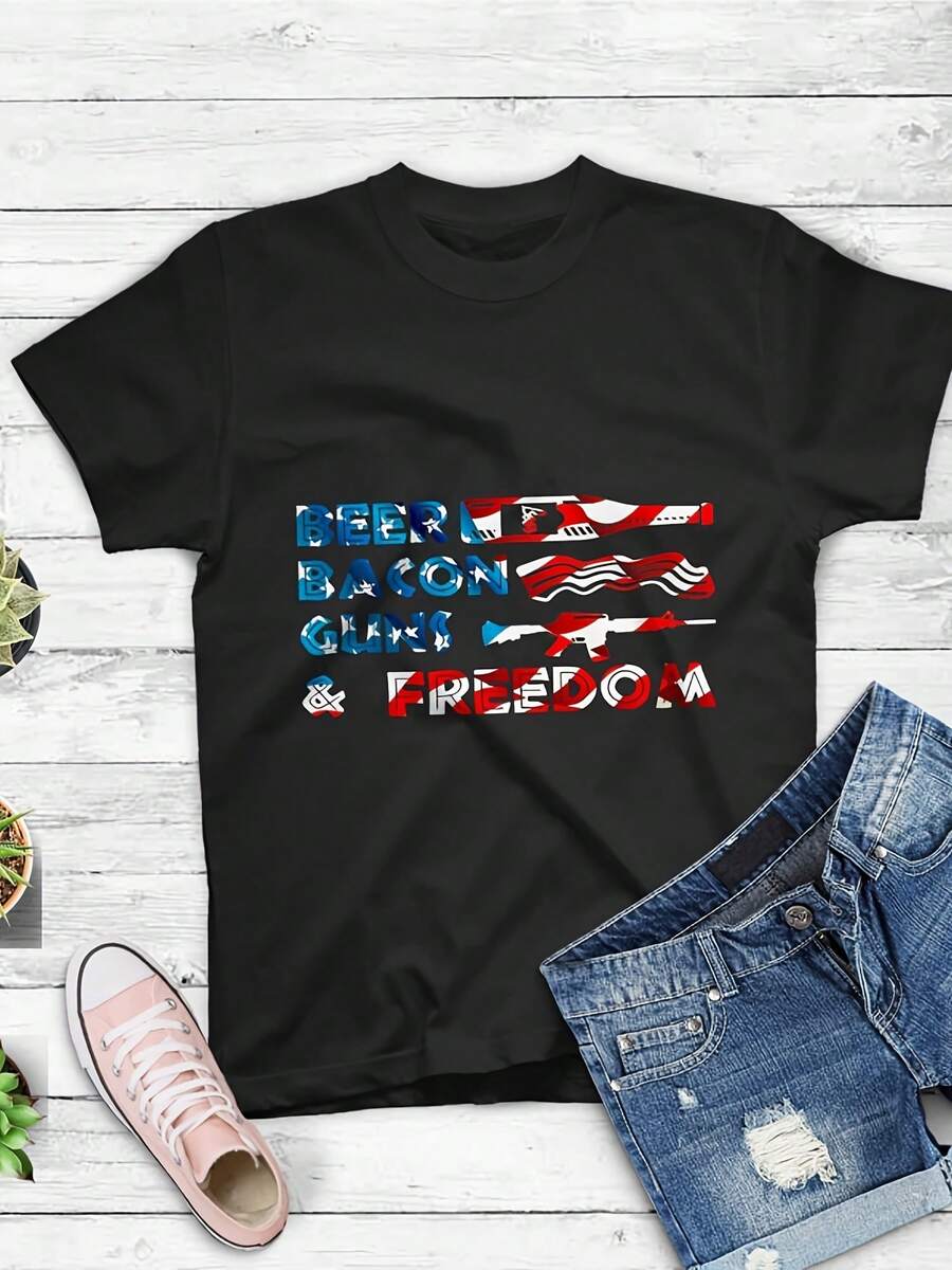Beer Bacon Guns And Freedom Tee Shirt Patriot An Flag,This Fun Printed Casual T-Shirt Is The Perfect Gift For Valentine's Day/Christmas - 款式7 - 查看 1