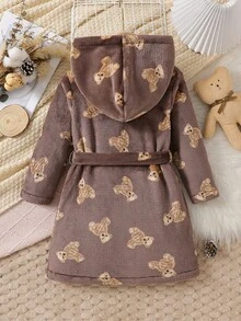 Girls Cartoon Bear Pattern Hooded Warm Fleece Long Casual Comfortable Sleepwear Robe, Winter - Brown - View 2