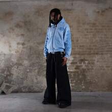 Men's And Women's European And American Ins Autumn And Winter High Street Zipper Hooded Patch Embroidered  Cardigan Sweater - 天藍色 - 查看 3