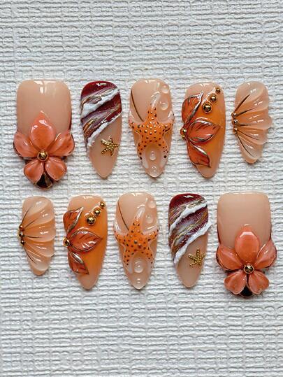 Uñas postizas de Halloween para la playa, de almendra, medianas y largas, 10 piezas - Naranja marrón con flores francesas, con encantos de ola oceánica 3D y estrella de mar de perla - Kit de arte de uñas de sirena gótica reutilizable con pegamento para uñas y lima - Suministros de uñas de vampiro hechos a mano