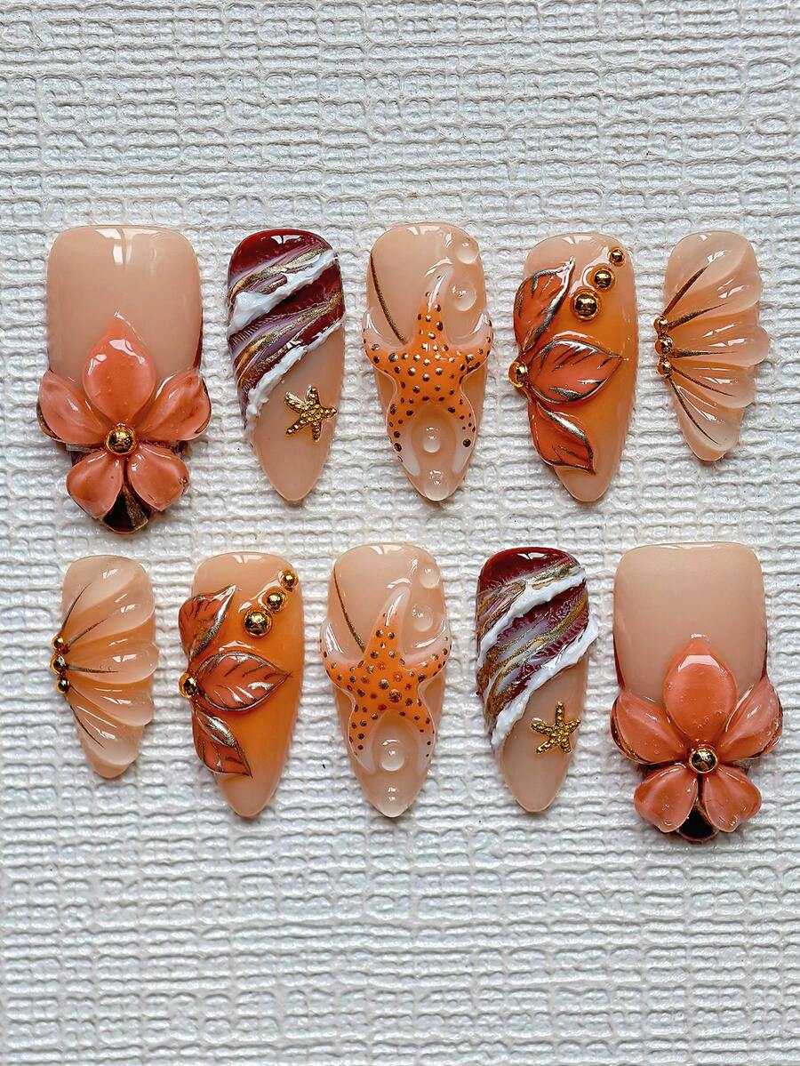 Halloween Beach Press On Nails Almond Medium Long 10Pcs - Orange Brown French Floral With 3D Ocean Wave & Pearl Starfish Charms - Gothic Mermaid Nail Art Kit Reusable With Nail Glue & File - Vampire Nail Supplies - trái cam - Xem 1