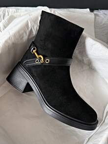 Fall/Winter Suede Mid-Heel Square Toe Solid Color Commuting Slimming Chunky Heel Back Zipper Fashion Ankle Boots - Black - View 4