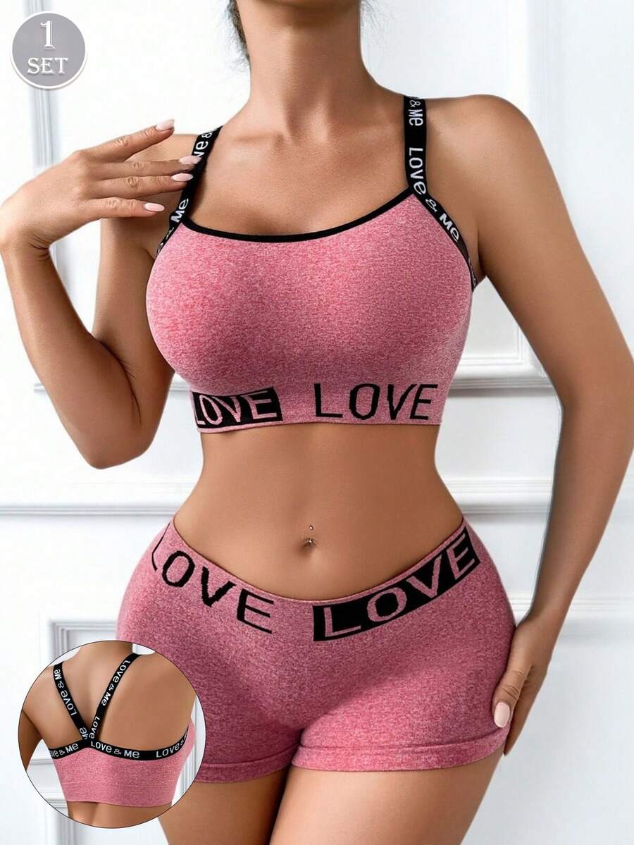 2pcs Women's Letter Print Sexy Sports Bra Camisole Set, Backless Strap Bralette Without Lining - Watermelon Pink - View 1