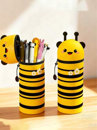 1 st silikonpennfodral med bimönster, 2-i-1-pennfodral, djurdesignad pennask, mjukt silikonmaterial, kan användas för att förvara skolmaterial, pennor, linjaler etc., perfekt för skolstart, helgdagar, skolmaterial och skolnödvändigheter