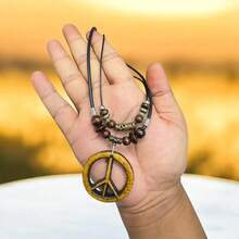 Unisex Peace Sign Double Layer Necklace Resin Peace Symbol Pendant Necklace Hippie Boho Style Jewelry Adjustable - Brown - View 3