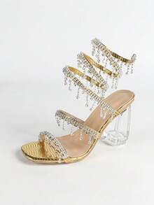 Women's Thick Crystal Heel Sandals, Square Toe Rhinestone Snake Wrap Strap, Fashionable Open Toe, Basic Style For Summer & Autumn - Gold - View 12