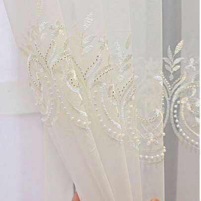 1pc White Luxury Beaded Embroidered Sheer Curtain, Translucent, Suitable For Living Room, Bedroom, Balcony, Office, Home Decor, All Seasons