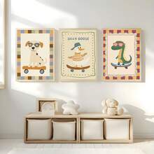 1pc, Canvas Wall Art, Framed Nursery Wall Art Charming Illustrations, Whimsical Children's Wall Decor Featuring Ducks, Dinosaurs And Puppies Adorable Animal Wall Art, Dreamy Nursery Decor Ideal For Children's Rooms, Nurseries, Playrooms, Kindergartens, Boys' Rooms, Girls' Rooms And Play Areas Waterproof. Perfect Party Gift - Multicolor - View 6