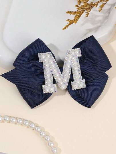 1 pieza Clip de pelo con letras del alfabeto de 26 perlas, Clip de cocodrilo azul marino para niñas, Accesorios de pelo de tela de unicolor, Accesorios de pelo casuales y de moda para la temporada de regreso a clases