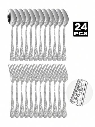 2/8/12/24pcs Stainless Steel Carved Flatware Set, Dessert Spoons & Forks, Suitable For Restaurants, Hotels, Weddings