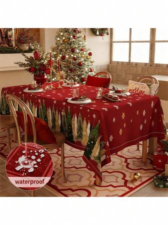 1 Piece Red Christmas Tree Snowflake Tablecloth, Festive Patterned Table Cover, Holiday Decor For Christmas Dinner Party Table Setting