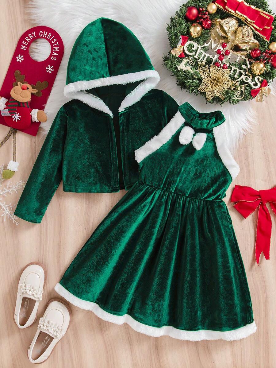 Girls Christmas Plush Set: Hooded Jacket + Sleeveless Dress, Fluffy Trim Decor, Suitable For Holiday Parties & Gatherings, Soft Plush Fabric, Red & White Fluffy Trim Creates Festive Christmas Vibe. Hooded Jacket For Warmth, Sleeveless Dress With Adorable Neckline Design, Autumn/Winter - Green - View 1