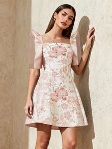 Amyenjoylife Modern Filipino Traditional Dress, Elegant Butterfly Sleeve Filipino Traditional Dress, Women's Romantic Jacquard Puff Sleeve Short Sleeve Dress, Pink Dress - Pink - View 4