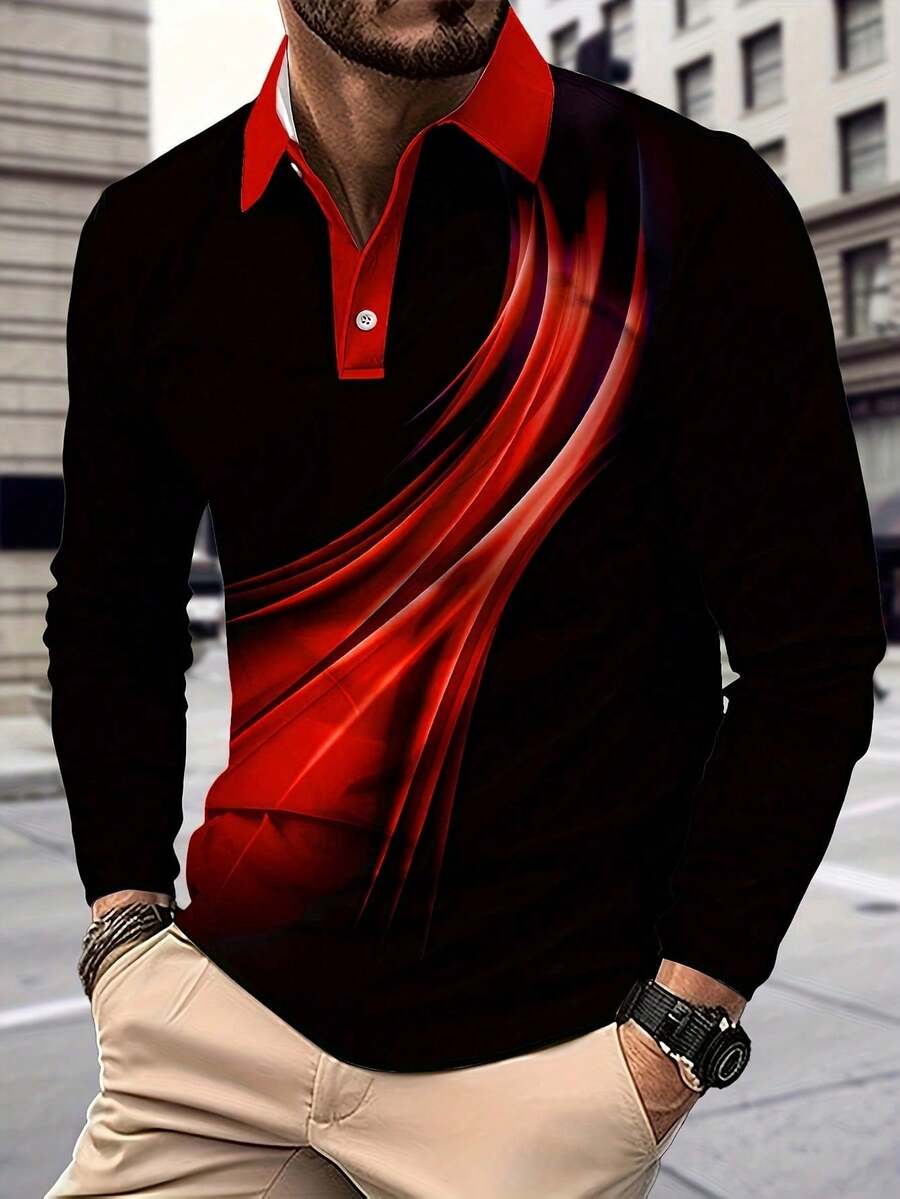 Camisa polo de manga larga con estampado de ondas en contraste rojo y negro, de moda para hombre en otoño. Casual, resort, de negocios, formal, versátil. Gran regalo para novio o esposo