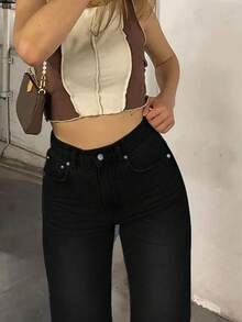 Womens Casual Black Denim Ripped Straight Leg Jeans With Pockets And Zipper Long Plain Style - 黑色 - 查看 4