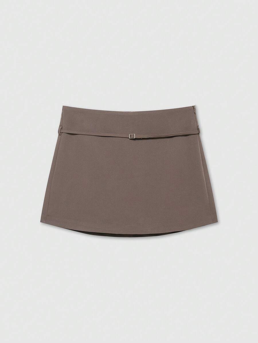 女式纯色拉链腰带裙裤 - 咖啡棕 - 查看 1