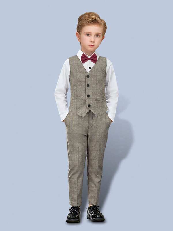 4pcs Boys Formal Suit Set: Slim Fit Houndstooth Vest, Pants, Shirt, Bow Tie, Children Wedding/Holiday Outfit