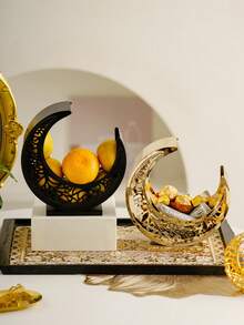 1Pc Moon Shaped Tray Metal Material Luxury Style Exquisite Snack Tray Storage Tray Fruit Tray Dessert Tray Decorative Tray Ambiance Tray & Ornament Suitable For Home Hotel Restaurant Living Room Tabletop Festival Party Decoration - Multicolor - View 2