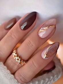 24pcs Medium Almond Shaped 3D Golden Line Art Nail Stickers, Nude Color Decor, Line Art Design, Elegant Style, Smooth Surface, Full Coverage Fake Nails, Suitable For Women & Girls Daily Wear, Fit For Autumn/Winter Season - 多色 11 - 查看 2