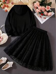 2pcs Girls Black Hoodie Sweatshirt With Floral Print Paired With Matching Black Mesh Skirt, Cute Casual Outfit Suitable For Outdoor - Black - View 2