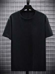 Plus Size Men's Summer Casual Round Neck Short Sleeve T-Shirt With Palm Tree & Mountain Graphic - 黑色 - 查看 3