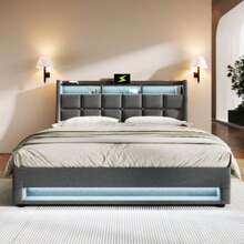 Double Bed With USB 140x200cm, LED Double Bed With Metal Frame, Bed Frame Made Of Linen Material, Teen Bed (Mattresses Not Included) - 灰色 - 查看 3