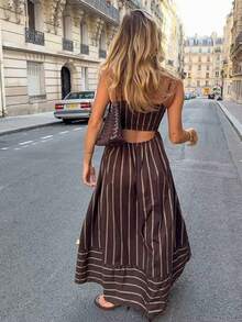 条纹优雅休闲派对露背系带连衣裙，海滩度假装，春夏款 - 彩色 - 查看 3