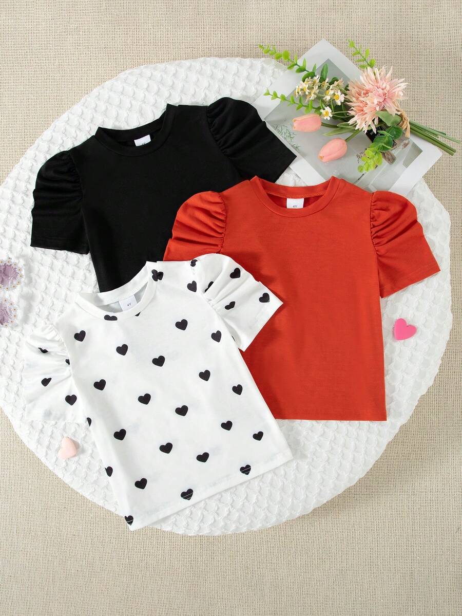 Bộ 3 áo thun tay ngắn cổ tròn in hình trái tim thường ngày cho bé gái, mùa hè - Nhiều màu - Xem 1