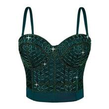 Fashion Beads Tank Top With Bra Boned Crop Top Outerwear - Dark Green - View 1