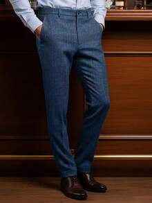 Men's Dress Pants Herringbone Vintage Plaid Classic Fit Siut Separates Slim Stylish Wool Casual Business Suit Pants - 藍色 - 查看 3