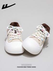 1 Pair WARRIOR Women's Thick Sole Lace-Up Soft Bottom Casual Shoes, Low-Top Outdoor Flat Shoes, Round Toe Low Heel Non-Slip Solid Color Elegant Soft Bottom Hiking Shoes, Suitable For Students, Graduation Photos, Flat Shoes, Low-Top Leather Face Sports Skateboard Shoes