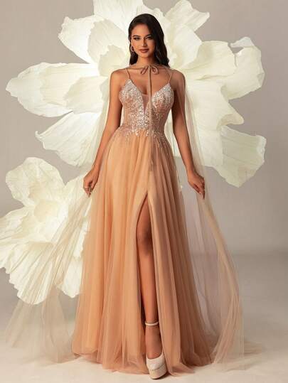 VIPGIRL A-Line Beaded Mesh Evening Dress, High Slit Design, Women's Formal Evening Gown