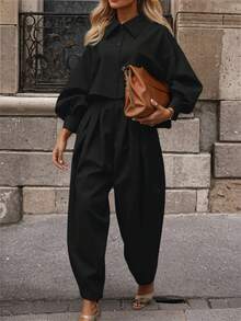 大码女士优雅黑色落肩长袖衬衫和长裤套装，时尚百搭，适合办公室和派对穿着，是感恩节/圣诞节的理想春季装扮。 - 黑色 - 查看 3