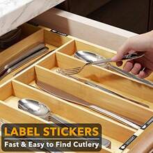 TFKI Bamboo Silverware Drawer Organizer With Labels Kitchen Utensil Expandable Tray Holder Organizer For Flatware Cutlery Spoon And Knives Drawer Storage Organization Natural 10 Slots - tự nhiên - Xem 5