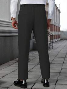 Plus Size Men's Solid Color Waist Button Design Pocket Casual Pants - Black - View 2