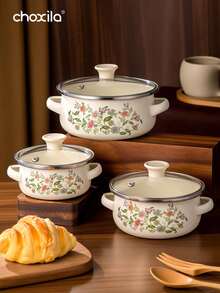 choxila 3pcs/Set Enamel Soup Pot, Double-Handled Boiling Pot, Covered Stew Pot, Rice Cooker, Household Multi-Functional Pot, Compatible With Induction Cookers And Gas Stoves, Scratch-Resistant And Durable, Suitable For Home Kitchens And Restaurants - Enamel Pot - View 3