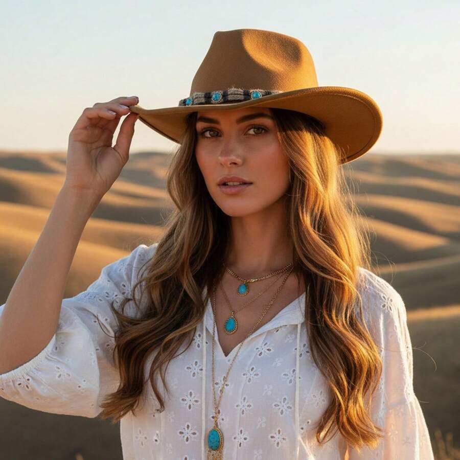 Cowboy Hat For Women Men Classic Wide Brim Western Suede Hat For Cowboys And Cowgirls - Dark Khaki - View 1