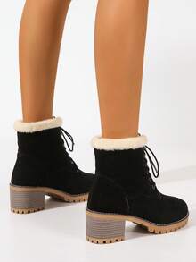 Winterliche, dickabsätzige, rund-zehenförmige, flach geschnittene Schnürstiefel mit modischem Design für Frauen, mit dicker Isolierung innen, einfarbige schlichte Damenwinterstiefel, Fellstiefel - Schwarz - Übersicht 4