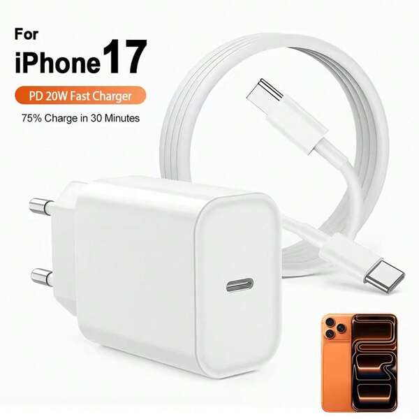 Carregador de Parede Rápido PD de 20W + Cabo de Carregamento Rápido e Transferência de Dados de Alta Eficiência de 3,3 pés/100 cm, Compatível com iPhone 17 Pro Max/17 Pro/17/Air/16/15, S25/S24/S23/S22/S21/S20, Série iPad