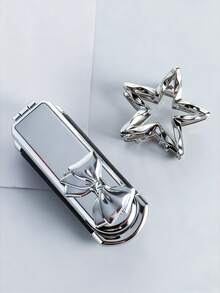 2pcs/Set Foldable Comb & Hair Clip Combo Set, Minimalist High-End Oval Air Cushion Comb With Electroplated Silver Design, Portable Foldable Comb, Cute Bow Hair Clip, Star/Wave/Heart Shaped Hair Clips, Ponytail Clips, Suitable For Students And Women, Great Gift ,Hair Styling Kit ,Hair Tool Kit