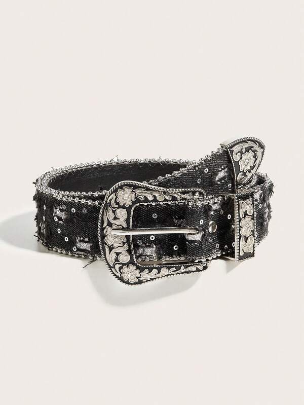 1pc Vintage Style Black Sequin Beaded Women's Y2K Rhinestone Belt, Suitable For Gothic Style Waist Belt, Jeans, Halloween, Parties, Formal Events, Casual Wear, All Seasons