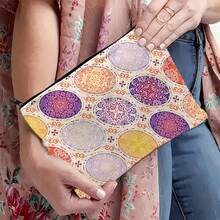 1pc Retro Holiday Style Polyester Canvas Cosmetic Bag, Large Capacity Double-Sided Printed Ladies Makeup Bag, Lightweight Travel Makeup Bag With Zipper, Multifunctional Mandala Print Design, Suitable For Women, Mixed Colors - Thoughtful Gift For Moms, Sisters, Friends, Daily Essential, Joyful Aesthetics, Zipper, Portable Storage Bag, Great Gift For Sisters
