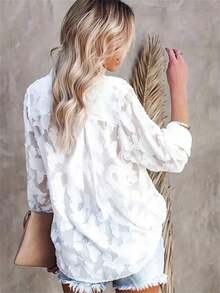 Blusa de manga larga con cuello, de gasa blanca - Blusa holgada, elegante y ajustada para mujer, de uso versátil para diario y atuendo de resort - Blanco - Ver 2
