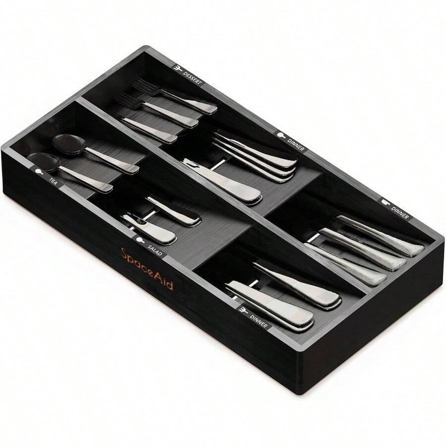 TFKI Bamboo Silverware Drawer Organizer With Labels Kitchen Utensil Tray Holder Organizer For Flatware Cutlery Spoon And Knives Drawer Storage Organization Black 6 Slots - 黑色 - 查看 1