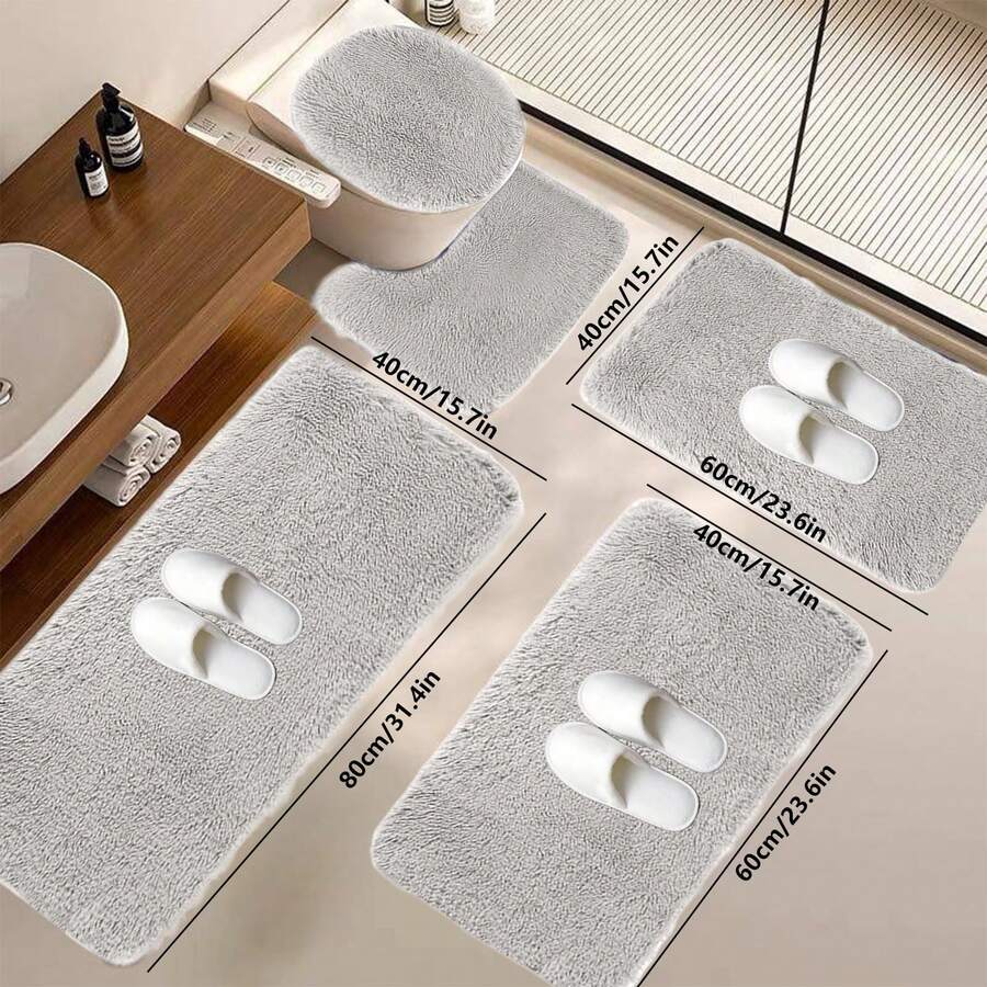 5-Piece Bath Rug Set Super Absorbent & Non-Slip Bathroom Mats, Ultra Soft Machine Washable Quick Dry Shower Mat With Toilet Lid Cover, Cloud Comfort Floor Mats For Bathroom Kitchen Bedroom Home Decor - 灰色 - 查看 1