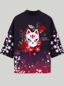 Men's Japanese Style Sakura Gradient Print Short Sleeve Cardigan Jacket, Retro Loose Fit Robe Thin Lightweight Windbreaker Top - Red - View 2