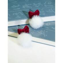 1 Pair Cute Versatile Christmas Red Bow Fuzzy Ball Stud Earrings, Soft Plush Texture, Retro Romantic Earrings, Suitable For Women In Any Occasion, Christmas & New Year - 彩色 - 查看 2